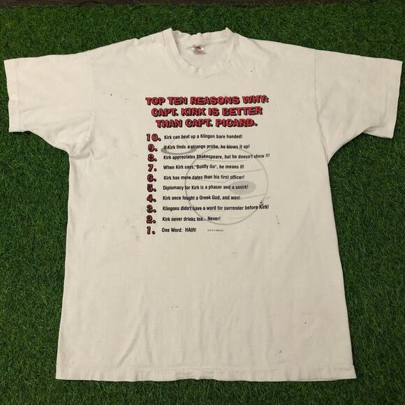 White ’10 Reasons’ Captain Kirk vs Capt. Picard Graphic Tee - Picture 1 of 5